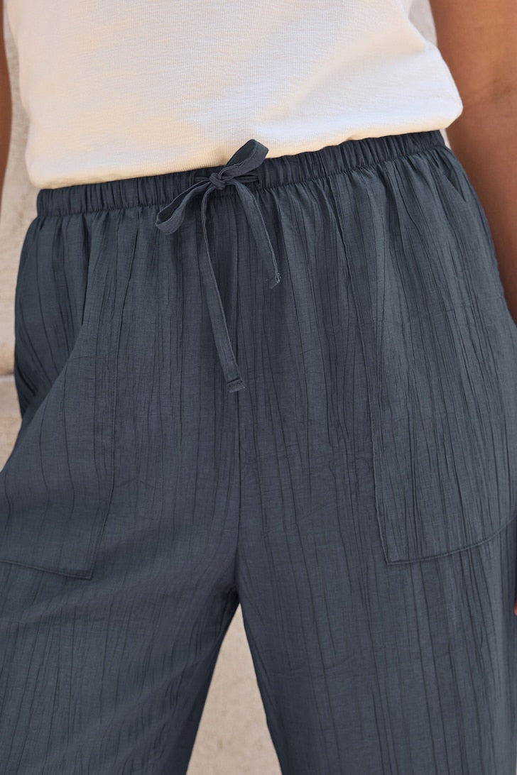 Textured Pull On Wide Leg Trousers Navy