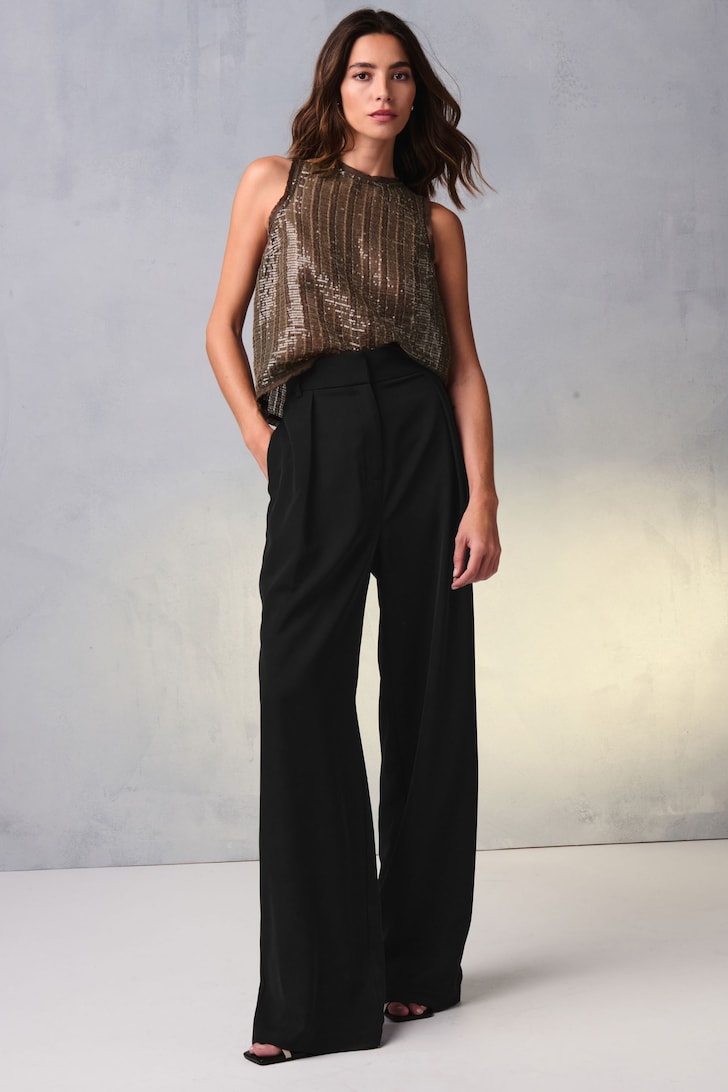 Elastic Back Wide Leg Trousers Black