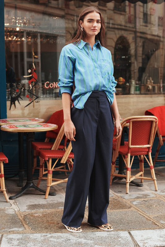 Elastic Back Wide Leg Trousers  Navy pinstripe