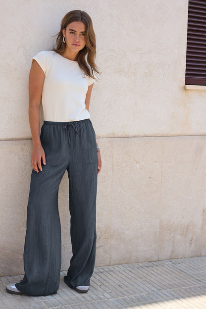 Textured Pull On Wide Leg Trousers Navy