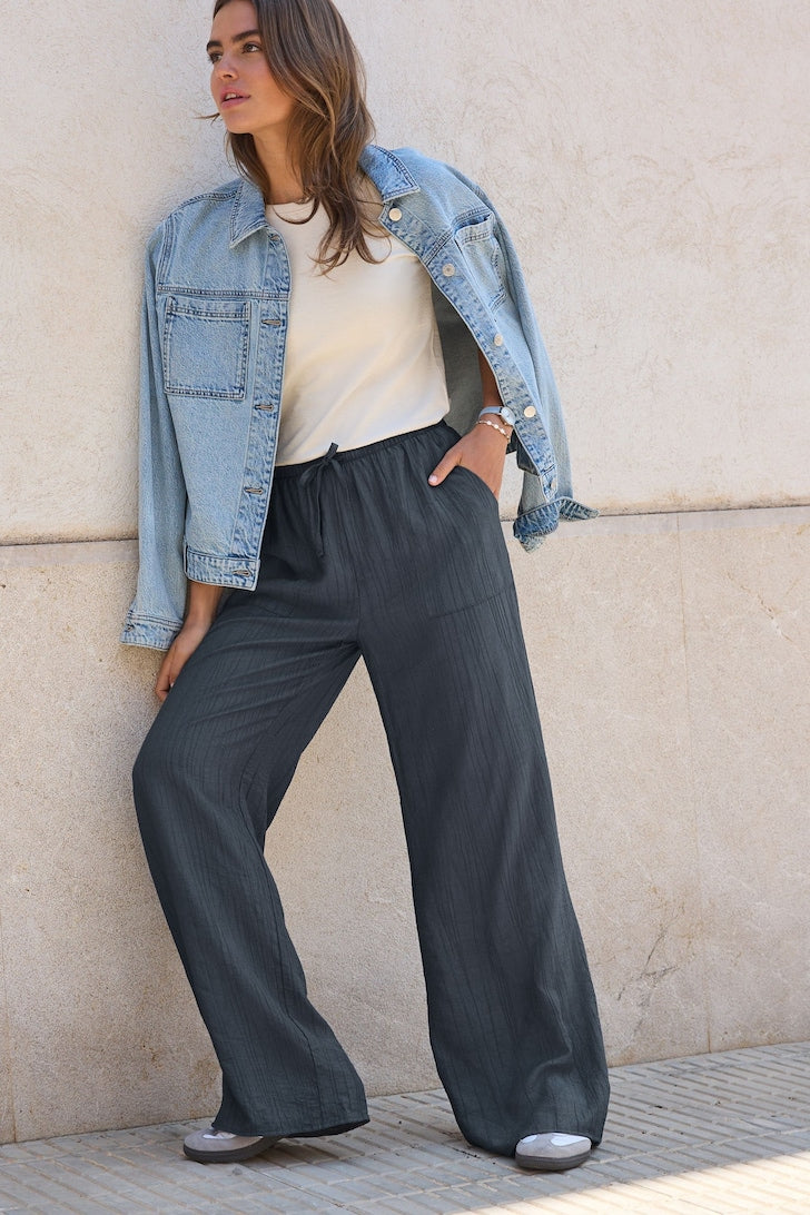 Textured Pull On Wide Leg Trousers Navy