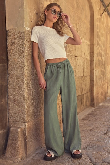 Textured Pull On Wide Leg Trousers Green