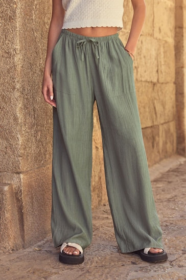 Textured Pull On Wide Leg Trousers Green
